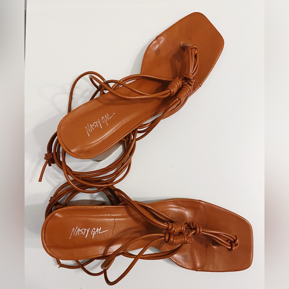 Nasty Gal brown faux leather heeled tie-up sandals size 9